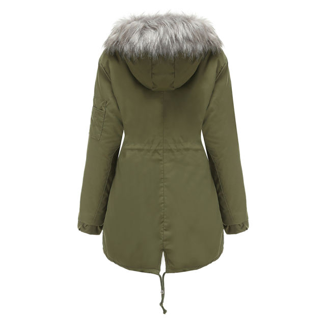 Army Green Fur Collar Drawstring Waist Warm Hooded Parka Coat TQK280130-27