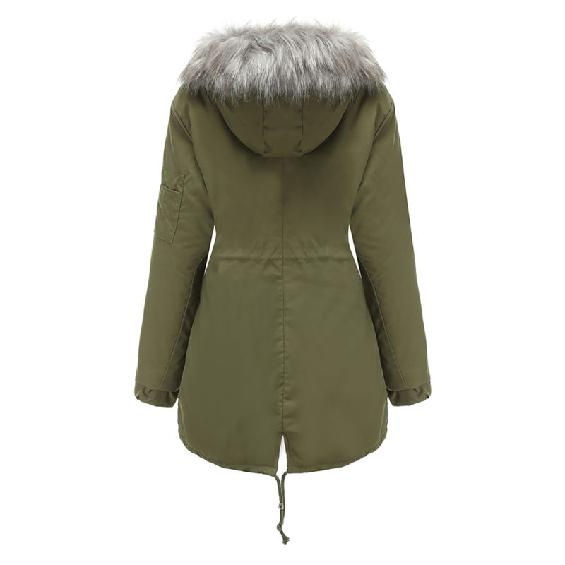 Army Green Fur Collar Drawstring Waist Warm Hooded Parka Coat TQK280130-27
