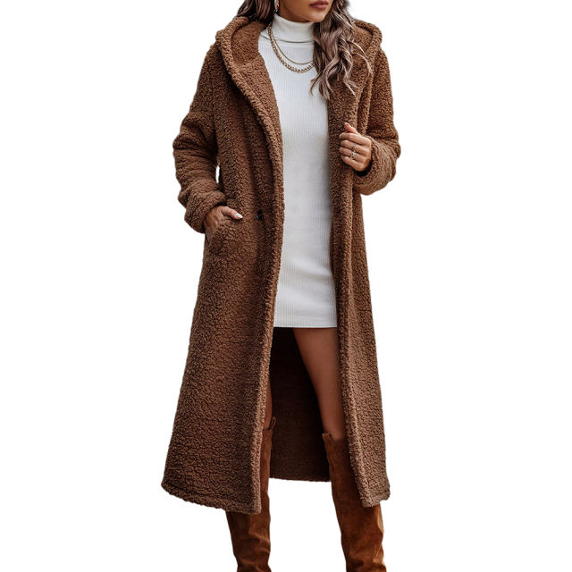 Coffee Open Front Long Sleeve Hooded Fleece Coat TQK280217-15