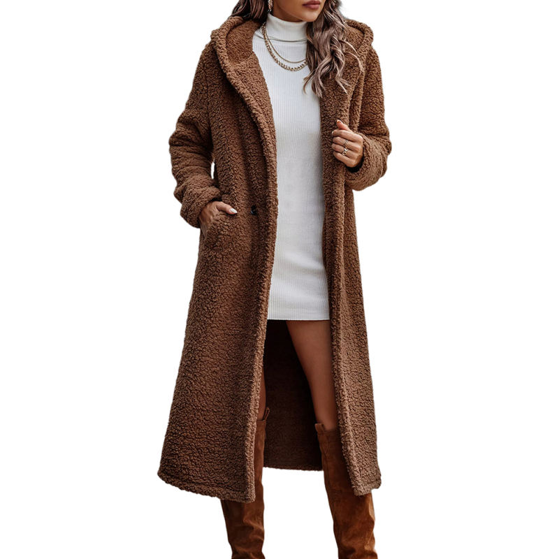 Coffee Open Front Long Sleeve Hooded Fleece Coat TQK280217-15