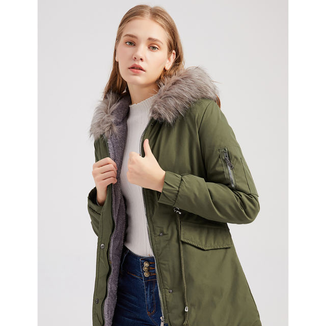 Army Green Fur Collar Drawstring Waist Warm Hooded Parka Coat TQK280130-27