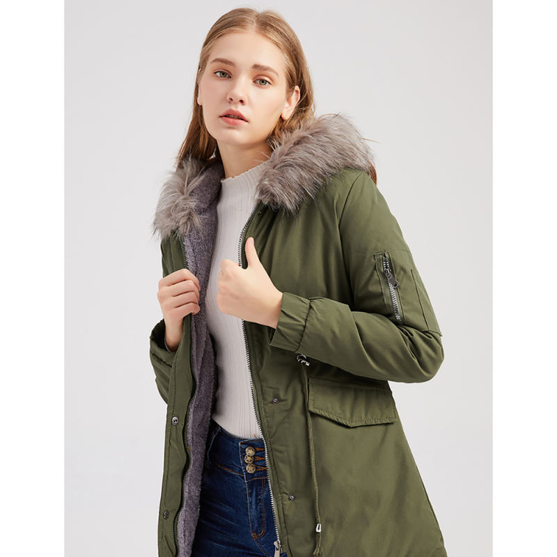Army Green Fur Collar Drawstring Waist Warm Hooded Parka Coat TQK280130-27
