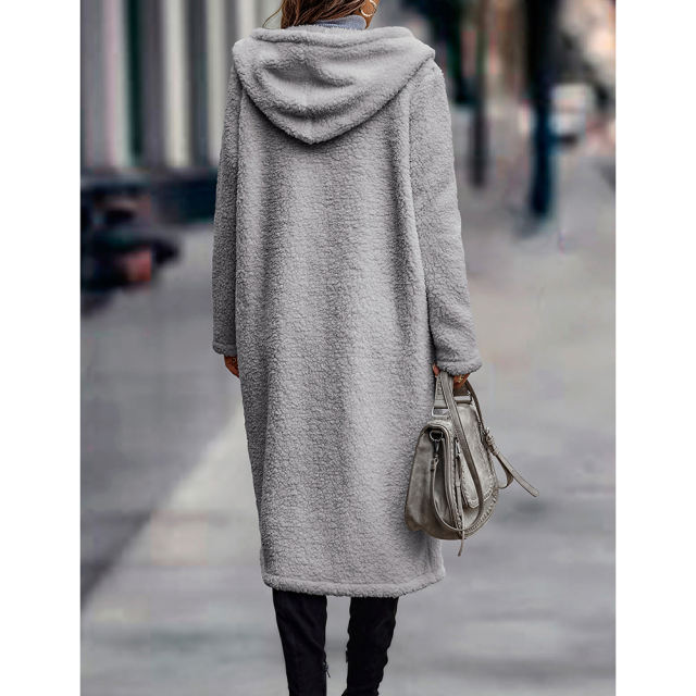 Gray Open Front Long Sleeve Hooded Fleece Coat TQK280217-11