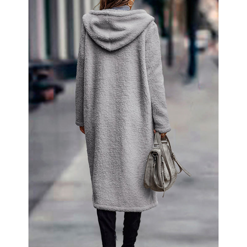 Gray Open Front Long Sleeve Hooded Fleece Coat TQK280217-11