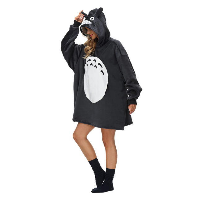 Dark Gray Totoro Cartoon Print Blanket Hoodie TQK230373-26