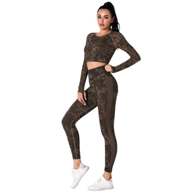 Yellow Camo Knit Seamless Long Sleeve Pant Yoga Set TQE91362-7