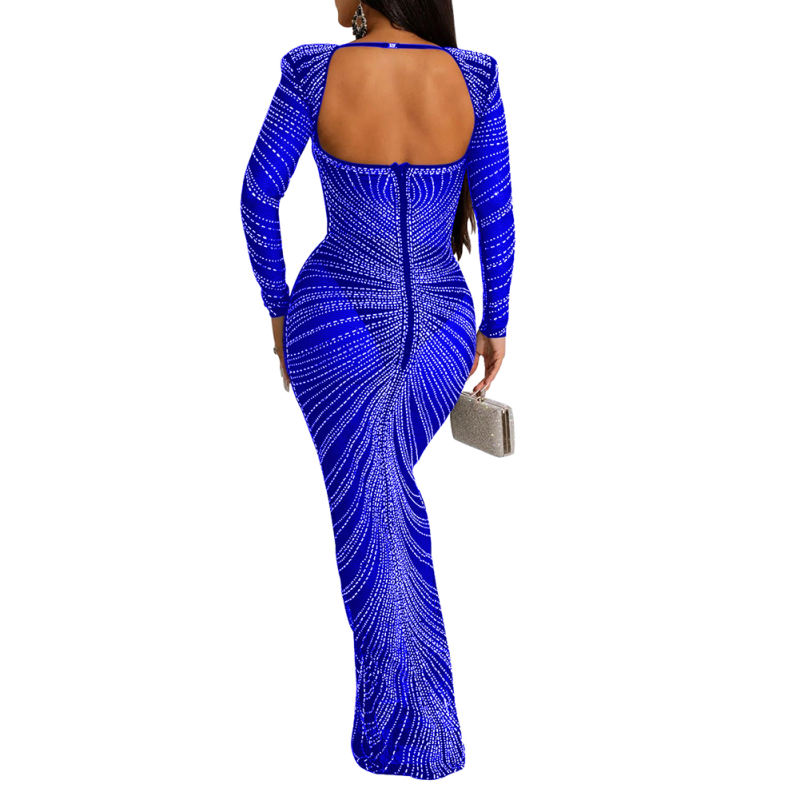 Blue Padded Rhinestone Mesh Long Sleeve Maxi Dress TQK311267-5