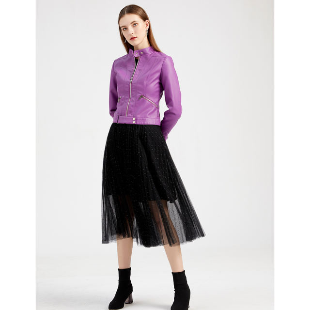 Purple PU Stand Collar Short Leather Jacket TQK280124-8