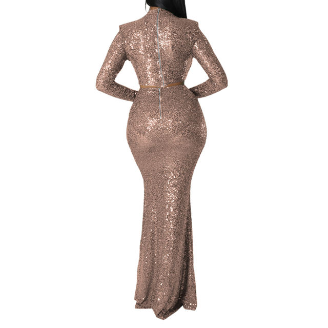 Champagne Sequined Crop Top with Fishtail Skirt Set TQV810034-53