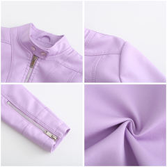 Light Purple PU Stand Collar Short Leather Jacket TQK280124-38