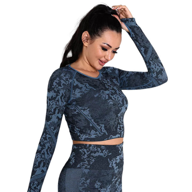 Blue Camo Knit Seamless Long Sleeve Pant Yoga Set TQE91362-5