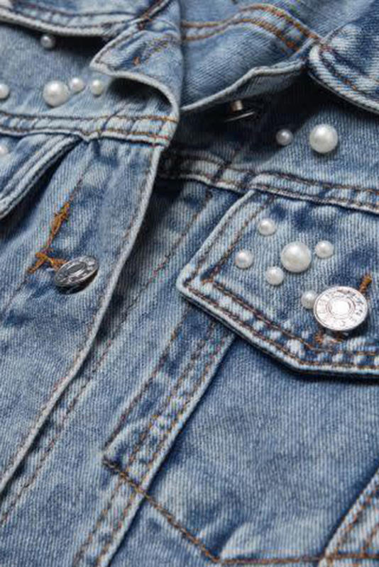 Sky Blue Pearl Turn Down Collar Denim Jacket LC788144-4