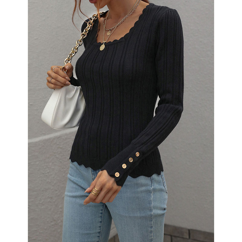 Black Knit Button Long Sleeve Pullover Top TQV270003-2