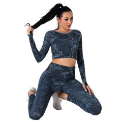 Blue Camo Knit Seamless Long Sleeve Pant Yoga Set TQE91362-5