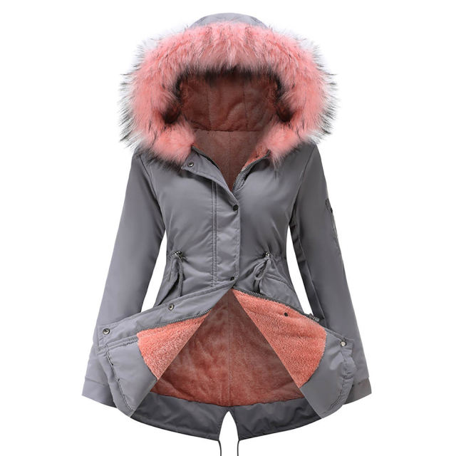 Gray Fur Collar Drawstring Waist Warm Hooded Parka Coat TQK280130-11