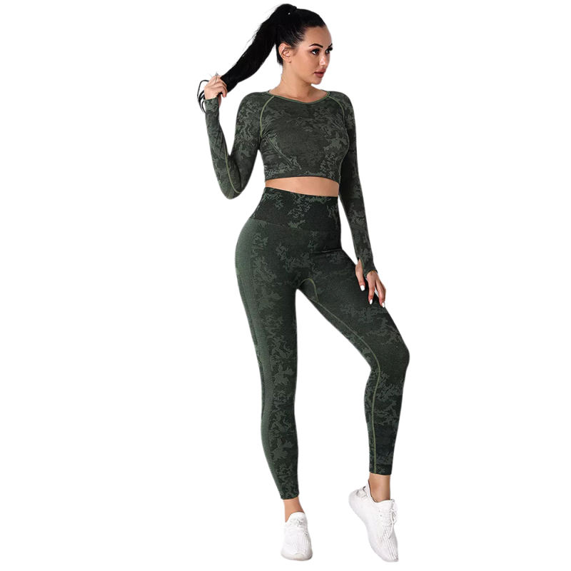 Army Green Camo Knit Seamless Long Sleeve Pant Yoga Set TQE91362-27