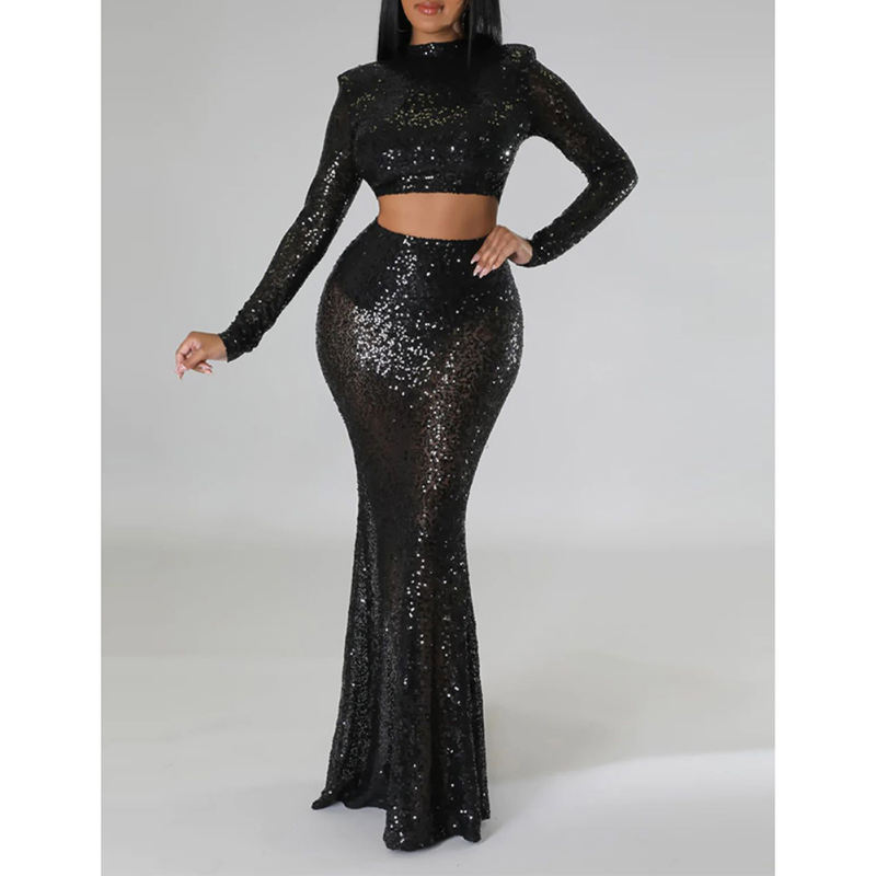 Black Sequined Crop Top with Fishtail Skirt Set TQV810034-2