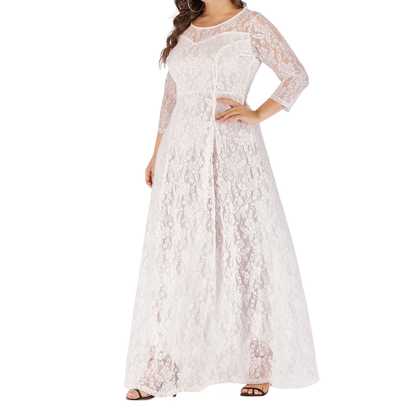 White 3/4 Sleeve Crew Neck Lace Plus Size Dress TQK310977-1