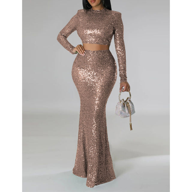 Champagne Sequined Crop Top with Fishtail Skirt Set TQV810034-53