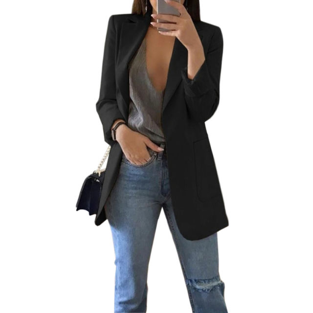 Black Turndown Collar Blazer With Pockets TQK260012-2