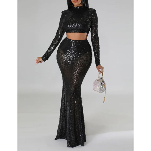Black Sequined Crop Top with Fishtail Skirt Set TQV810034-2