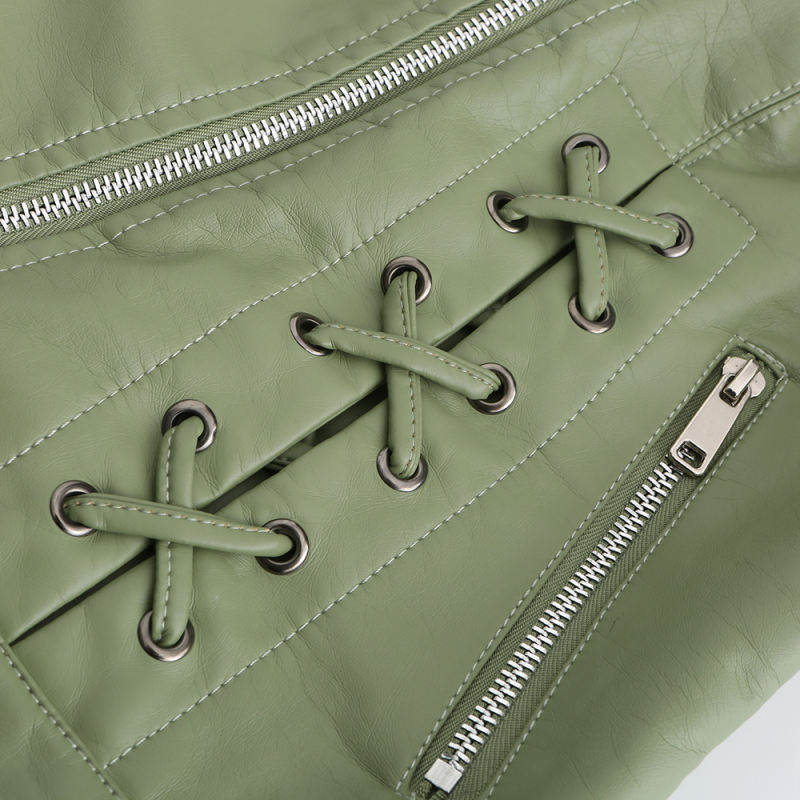 Light Green Zipper &amp; Bandage PU Leather Jacket TQK280142-28