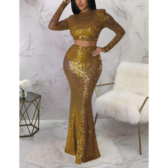 Gold Sequined Crop Top with Fishtail Skirt Set TQV810034-12