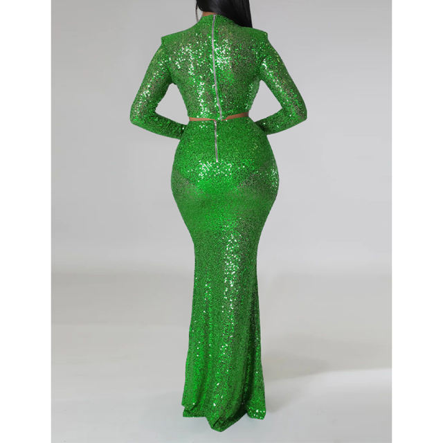 Green Sequined Crop Top with Fishtail Skirt Set TQV810034-9
