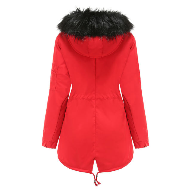 Red Fur Collar Drawstring Waist Warm Hooded Parka Coat TQK280130-3