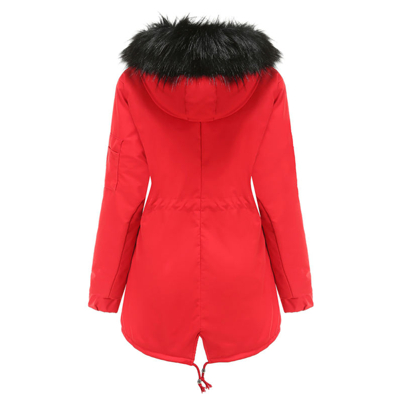 Red Fur Collar Drawstring Waist Warm Hooded Parka Coat TQK280130-3