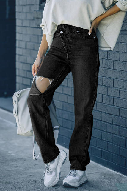 Black High Rise Distressed Crisscross Straight Denim Pants LC783887-2
