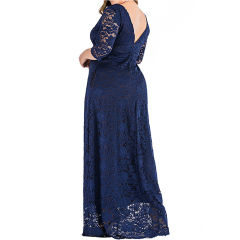Navy Blue 3/4 Sleeve High Waist Lace Plus Size Dress TQK310976-34