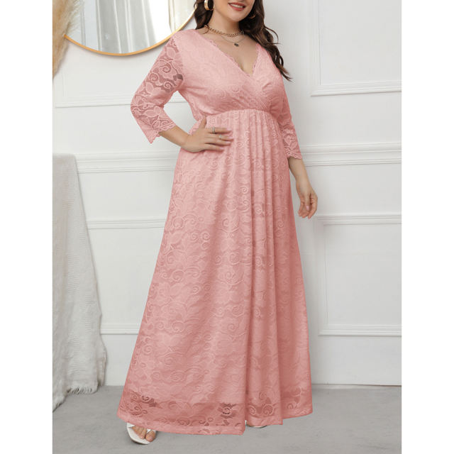 Pink V Neck Lace Plus Size Evening Dress TQV310004-10