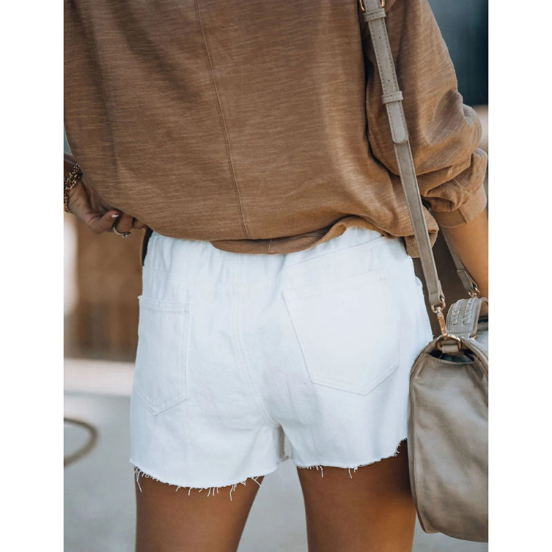 White Ripped Elastic Waist Denim Shorts TQK530090-1