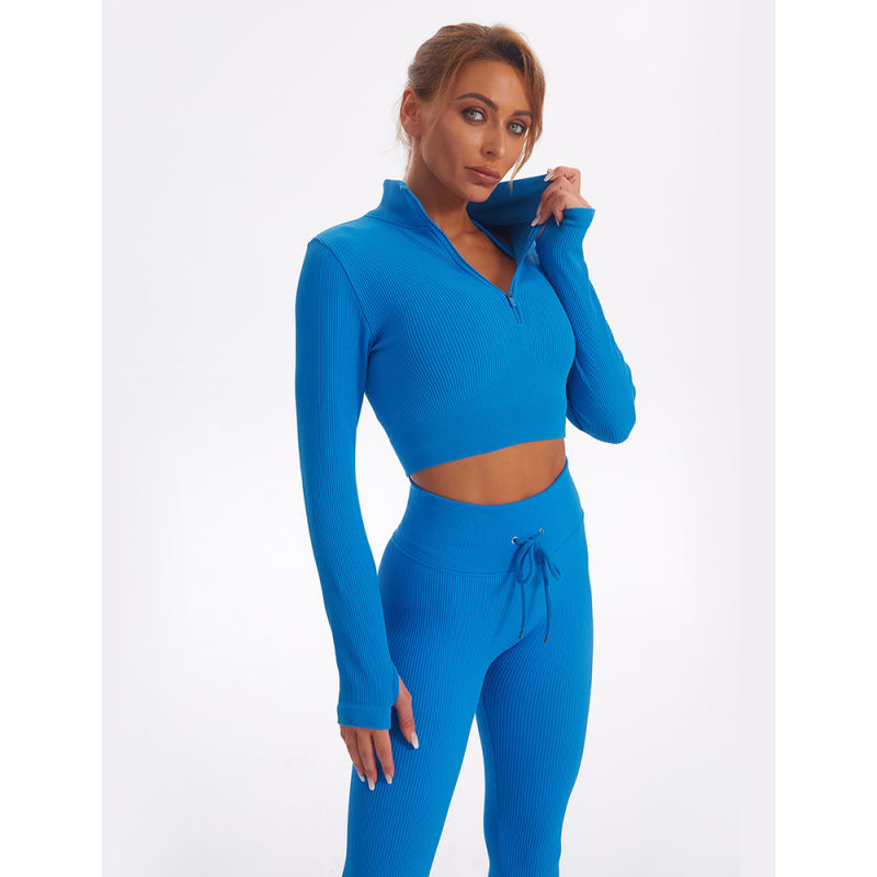 Blue Seamless Stand Collar Jacket with Pant Yoga Set TQK710415-5