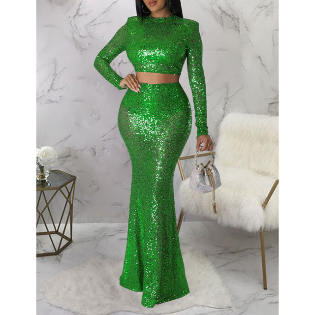 Green Sequined Crop Top with Fishtail Skirt Set TQV810034-9