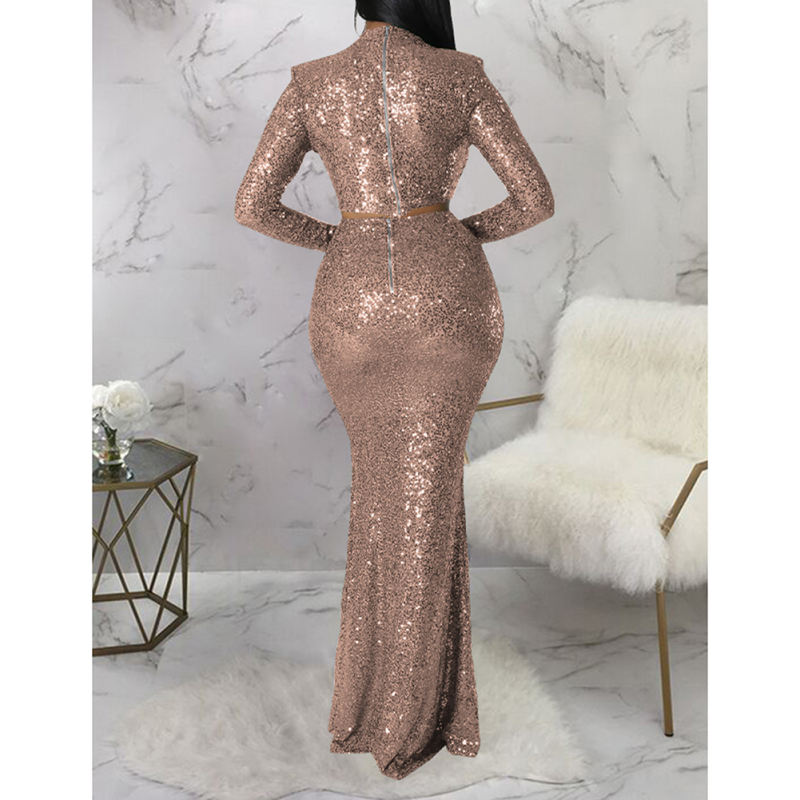Champagne Sequined Crop Top with Fishtail Skirt Set TQV810034-53