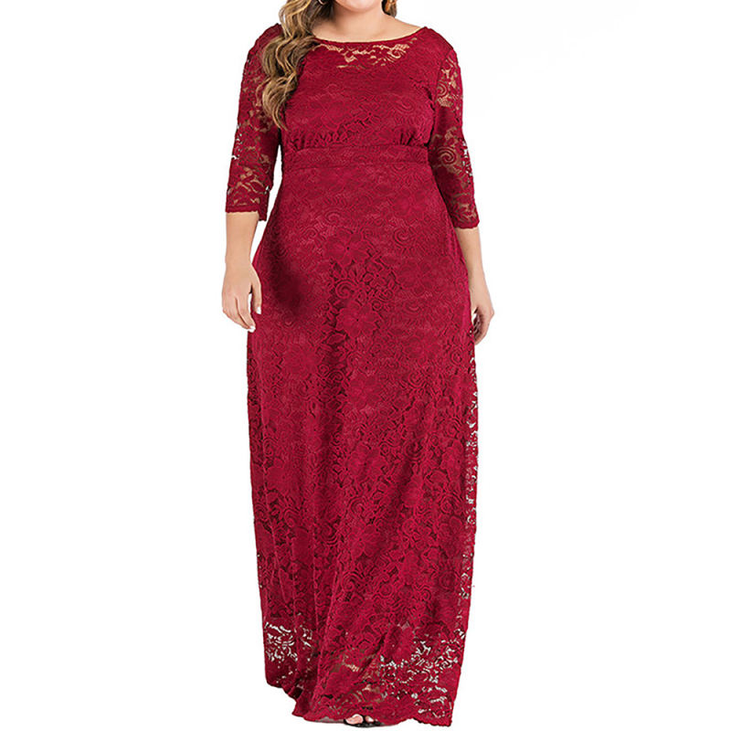 Wine Red 3/4 Sleeve High Waist Lace Plus Size Dress TQK310976-23