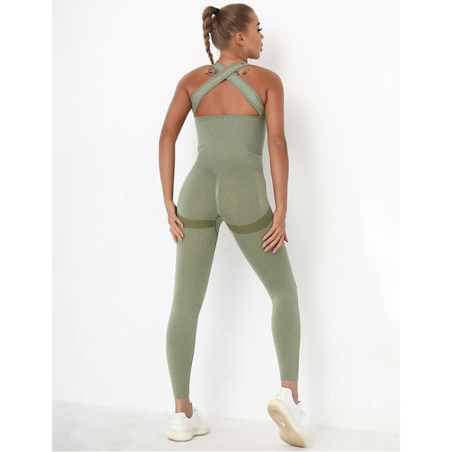 Army Green Back-Criss Seamless Yoga One Piece Jumpsuit TQE91567-27
