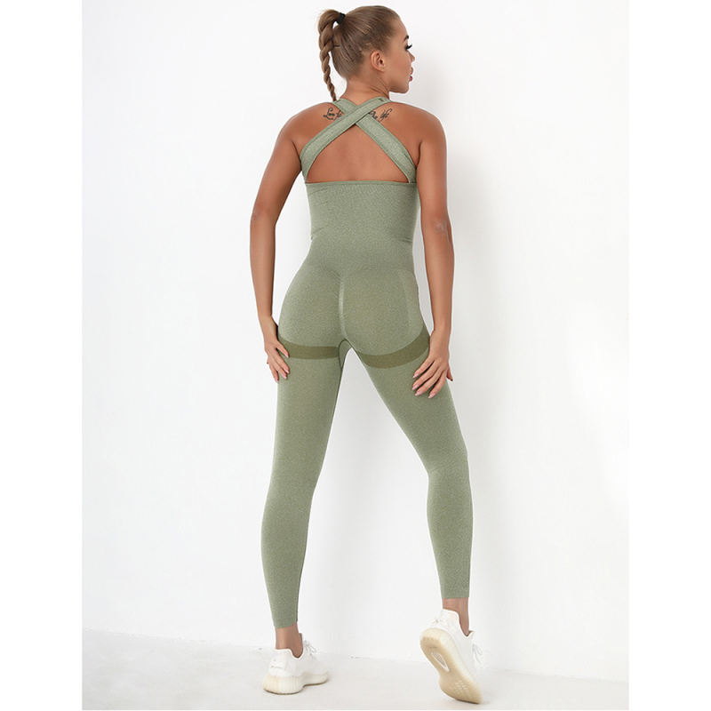 Army Green Back-Criss Seamless Yoga One Piece Jumpsuit TQE91567-27