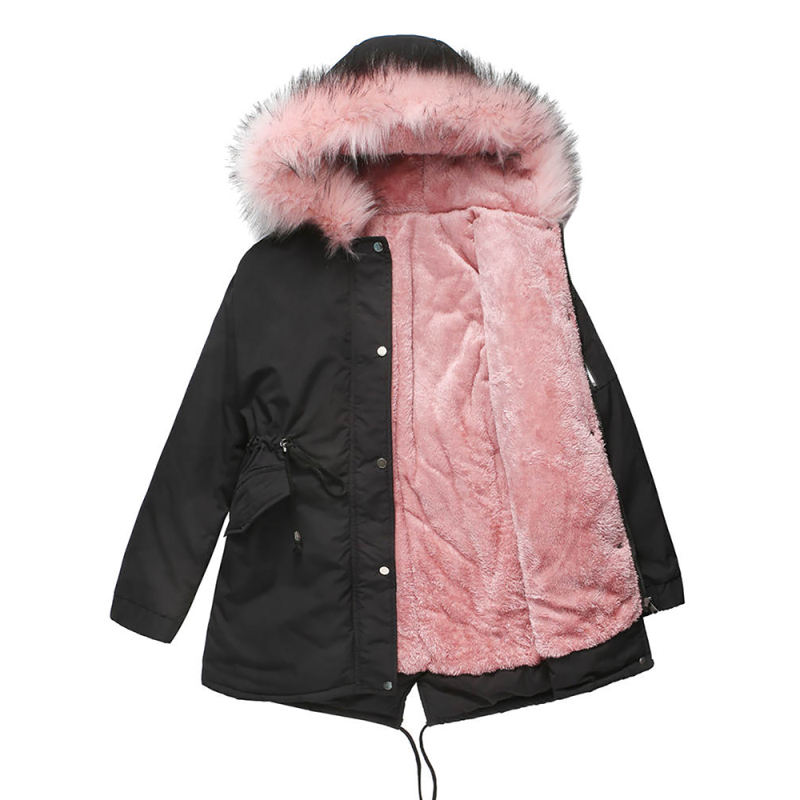 Black Pink Fur Collar Drawstring Waist Warm Hooded Parka Coat TQK280130-2C
