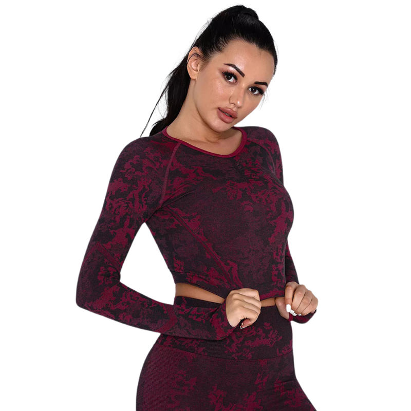 Wine Red Camo Knit Seamless Long Sleeve Pant Yoga Set TQE91362-103