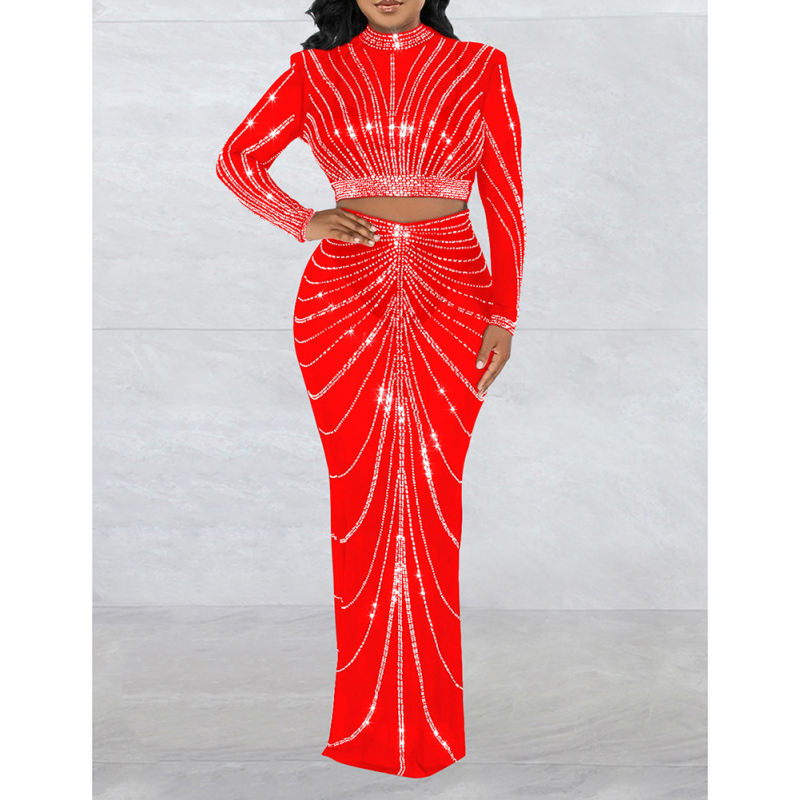 Red Rhinestones Long Sleeve Crop with Maxi Skirt Set TQV810029-3