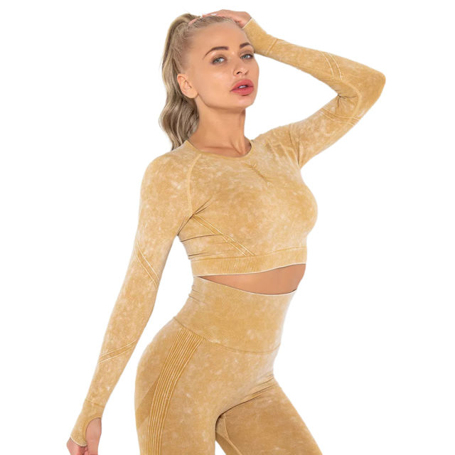Yellow Nylon Seamless Long Sleeve Pant Yoga Set TQE91361-7