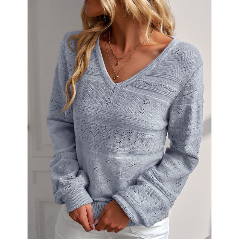 Blue V Neck Hollow-out Long Sleeve Sweater TQV270058-5