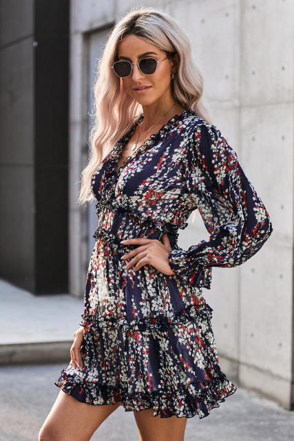 Blue Ruffle Detailing Open Back Floral Dress LC220829-5