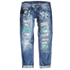 Blue Printed Patchwork Straight Leg Jeans TQF511013-68