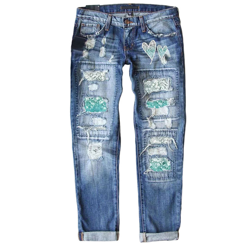 Blue Printed Patchwork Straight Leg Jeans TQF511013-68