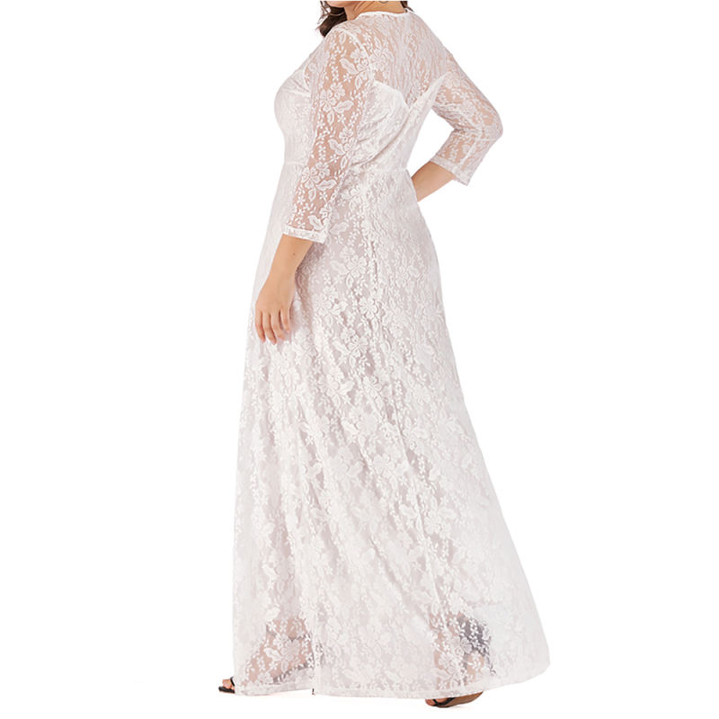 White 3/4 Sleeve Crew Neck Lace Plus Size Dress TQK310977-1