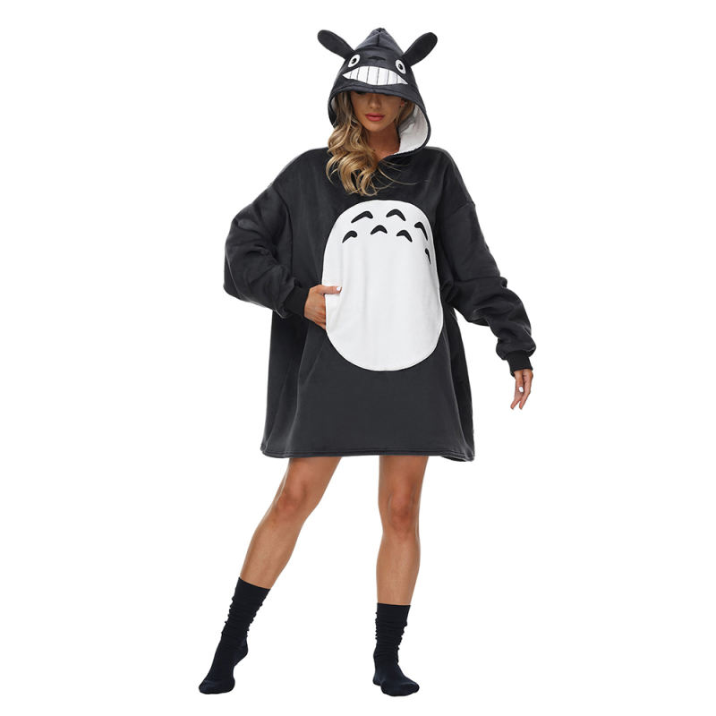 Dark Gray Totoro Cartoon Print Blanket Hoodie TQK230373-26